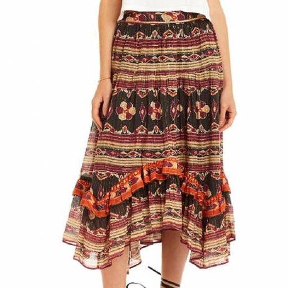 Love the Label Mia Side Zip Tiered Midi Boho Skirt Black Tan S NWT Boho Festival